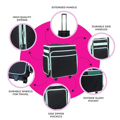 Everything Mary Rolling Scrapbook Tote – Black & Teal Craft Bag with Wheels – Organizer Case for Scrapbooking, Papercraft, Art Supplies & Creative Tools - color: Black