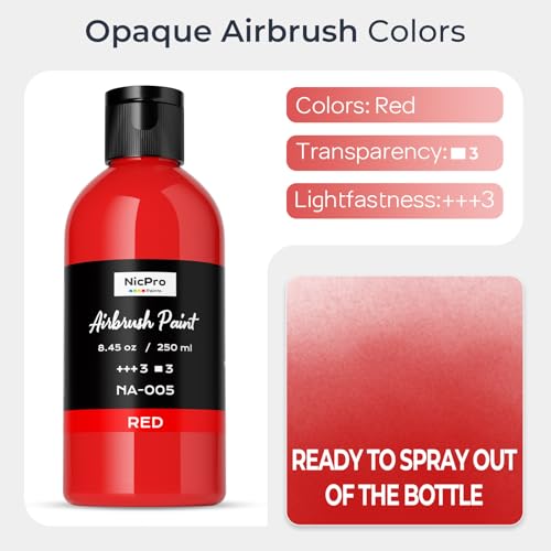 Nicpro Red Large Airbrush Paint (8.45 oz, 250 ml) Ready to Spray Opaque Water-Based Acrylic Air Brush Paints for Model, Wood, Canvas, Metal, Plastic, Leather, for Beginners & Artists - color: Red