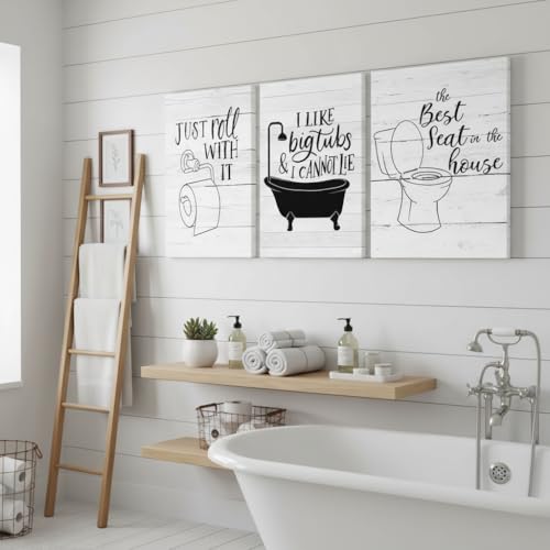 3Pcs Framed Funny Bathroom Quotes Canvas Wall Art, Black White Toilet Paper Bathtub Posters Prints Artwork, Minimalism Washroom Painting Pictures Wall Decor,for Bathroom Home Decoration 12x16in - color: Tub, size: 16"L x 12"W Canvas