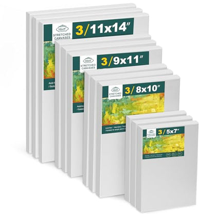 Inburit 12 PCS Multi Size Stretched Blank Canvas for Acrylic & Oil Painting | 12 Pack Canvas Boards for Painting, Art Supplies Paint Canvas, 5x7, 8x10, 9x12, and 11x14 inches (3 of each) - size: 12PCS+(4sizex3)