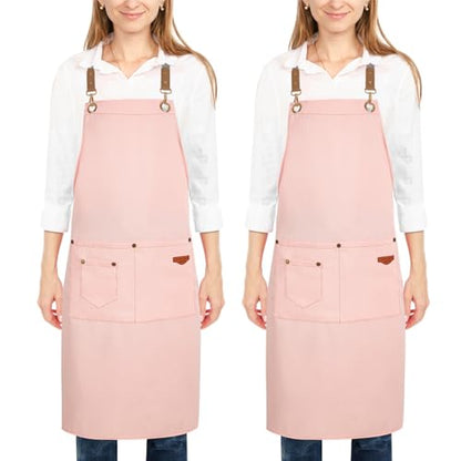 2 Pack Kitchen Cooking Aprons, Adjustable Bib Soft Chef Apron with 2 Pockets for Men Women - color: Pink