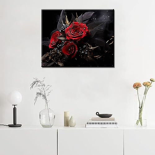 Exquisite Red Roses Paint by Numbers for Adults and Beginner Black Gold Color DIY Painting by Number for Adults and Beginner with Brushes and Acrylic Pigment Dark Style Without Frame 16x20inch - color: Artwork-03, size: 16''x20''(Frameless)