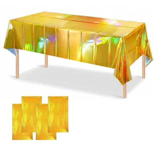 OQOQ Iridescent Gold Table Cloths (4 Packs) - 54x108 Inches New Year Gold Plastic Table Cover Disposable Tablecloth Waterproof Foil for Birthday Retirement Housewarming Graduation New Year Party - color: Gold
