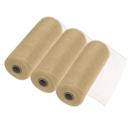 MECCANIXITY 3pcs 10 Inch Poly Burlap Mesh for Wreath, Decorative Mesh Fabric Ribbon 10 Yard for Fall Easter Christmas Flower Bow, Khaki - color: Khaki