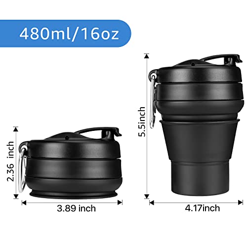 Collapsible Coffee Cup, 16 OZ 480ml Large Silicone Folding Camping Mug, Leak Proof BPA Free Portable, Travel Bottle with Lids for hiking, Microwave & Dishwasher Safe (Black) - size: 16 Ounces