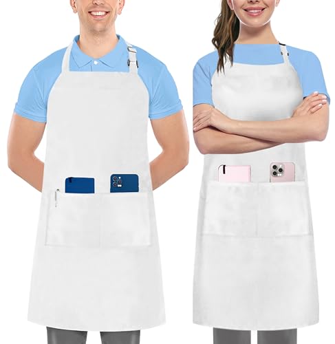 Utopia Kitchen 2 Pack Bib Apron, Adjustable with 2 Pockets, Water and Oil Resistant, Cooking Kitchen Chef Apron for Women Men - color: White
