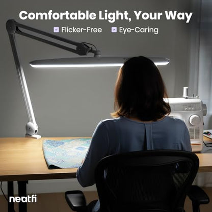 Neatfi XL 2,200 Lumens 20W LED Task Lamp – 23” Ultra-Wide Head | 182 SMD LEDs | 4 Brightness Levels | 3 Light Modes | Eye-Caring, Glare-Free | Adjustable Arm (Silver, CCT with Clamp) - color: Silver