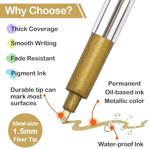 MyLifeUNIT Metallic Marker Pens, 6-Pack Metallic Gold Silver Permanent Markers, Fine Point (3 Gold 3 Silver)