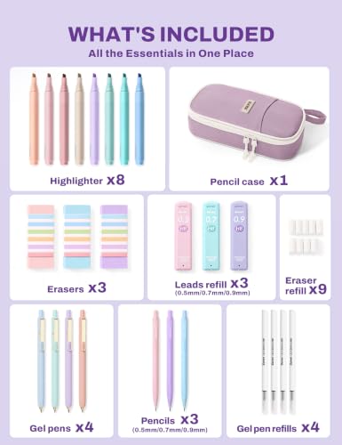 SUNEE Pencil Case with Supplies, 35PCS Aesthetic Stationery Set with Pastel Highlighters, Black Gel Pens, Mechanical Pencils & Refills, College School Supplies for Students Girls, Purple - color: Purple, style: 35 Pack