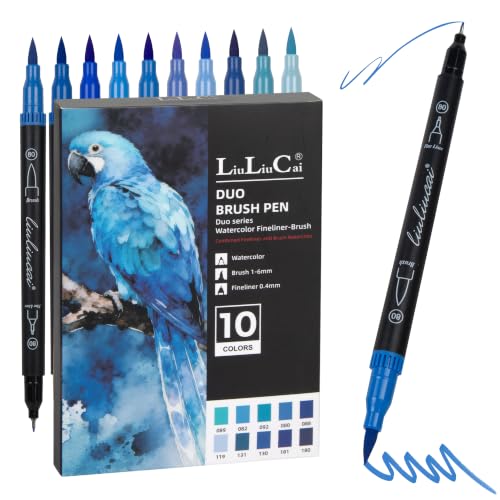 LIULIUCAI 10 Blue Dual Markers, Fine & Brush Tip Pen for Adult Coloring - color: 10 Blue
