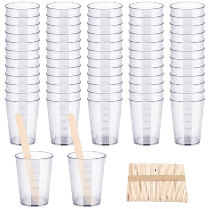 Resin Mixing Cups and Sticks, 110 Packs Epoxy Measuring Cups Kit - 60PCS 100ml Disposable Graduated Cups, 50PCS Wooden Stir Sticks for Mixing Paint, Stain, Epoxy, Resin - color: Clear cups+wooden stick, size: 50ml