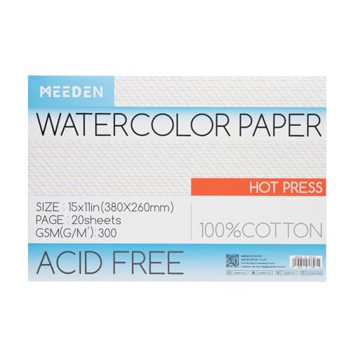 MEEDEN Cotton Watercolor Paper Block: 15" x 10" Hot Pressed of 20 Sheets | 140lb/300gsm 100% Cotton Watercolor Paper Pad, Acid-free Art Paper for Painting, Drawing, Watercolor, Gouache, Ink and More - color: Hot Press, size: 10×15"