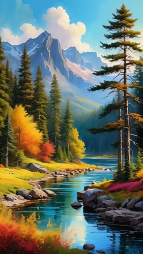 ARTGOTO Forest Mountain Diamond Painting Kit for Adults 15.7 x 27.5 Inch | Large 5D Full Square Drill Diamond Art Kit, Autumn Forest Lake DIY Gem Art Canvas with 2 Tool Sets, 30% Extra Diamonds - color: AGT014