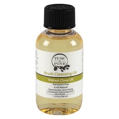 Tusc & Pine Brush Cleansing Oil - 100ml (3.4 Fl Oz) Walnut-Clove Oil Paint Brush Cleaner, Preserves Natural & Synthetic Brushes, Petroleum-Free, Conditions Bristles & Slows Drying, Made in the USA - size: 100ML