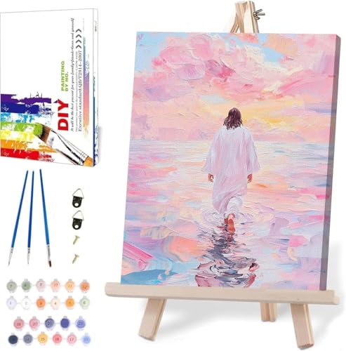 Jesus Paint by Numbers Kit for Adults Framed Canvas, with Wooden Easel | Jesus Christian Number Artist Paint by Number on Canvas, DIY Acrylic Oil Painting Kits for Home Decor 9.45x11.8in - color: YH02644