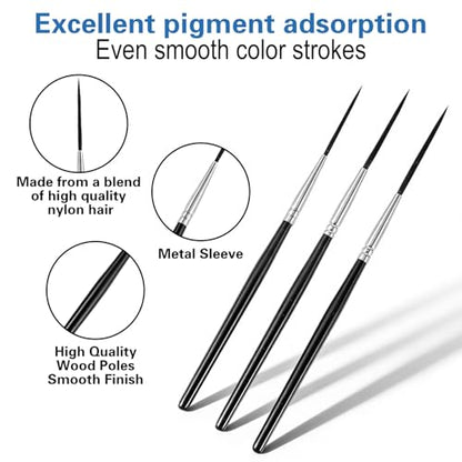 3 Pcs Script Pinstripe Brushes, Extra Long Fine Scroll Pinstriping Brush, Rigger Script Liner Brushes for Watercolor Acrylic Model and Miniature Painting