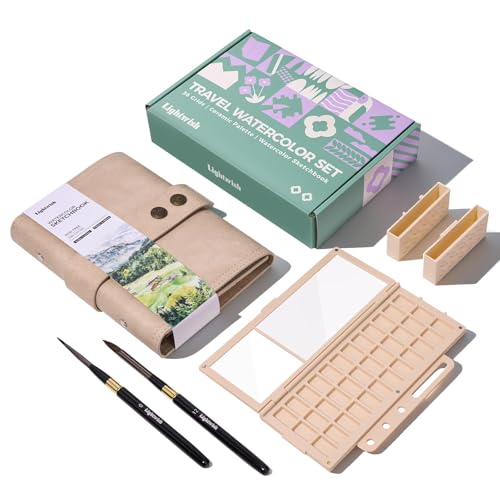 Travel Watercolor Sketchbook Set - 6.7x3.9 in 100% Cotton Cold Press 20 Sheets Binder Art Journal with 36-Well Empty Ceramic Paint Palette & 2 Travel Watercolor Brushes for Artists Outdoor Painting - color: Beige White