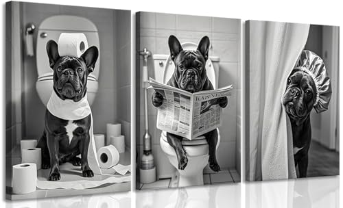 3Pcs Framed Black White French Bulldog Bathroom Wall Art Abstract Dog Toilet Paper Poster Prints Artwork Funny Animal Pictures Wall Decor for Washroom Home Decoration 16x24in - color: Dog, size: 24"Lx 16"W Canvas