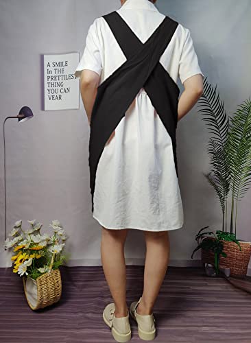 Cotton Cross Back Aprons Solid Color Cooking Kitchen Garden Smock for Women Girls with Pockets - color: Black