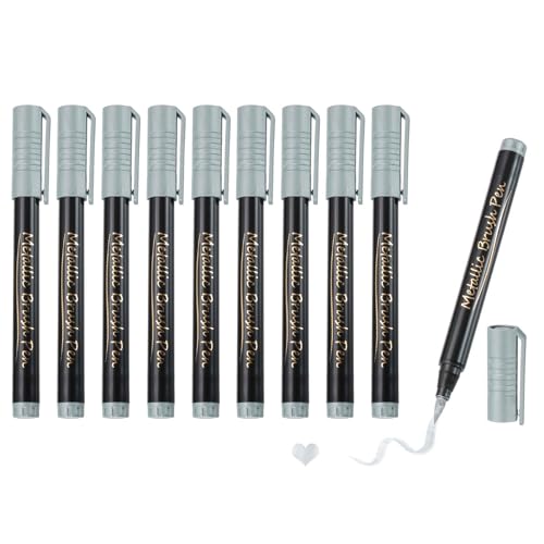 MECCANIXITY 10 Pcs Metallic Marker Pens Metallic Paint Brush Markers Medium Tips Mark Pens for Scrapbooking Glass Rock Painting Cards Photo Albums Ceramics DIY Artwork(Silver) - color: Silver