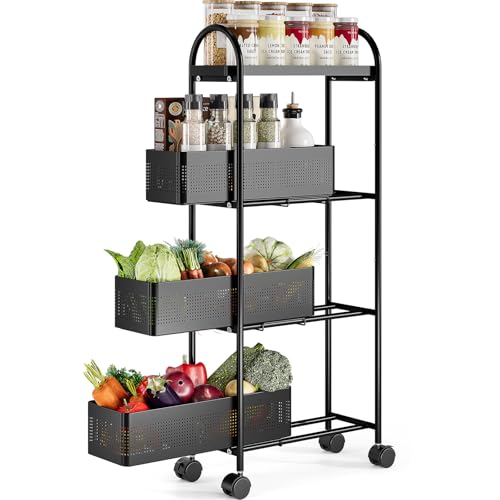 KINGRACK 4 Tier Slim Rolling Cart with Drawer, Metal Utility Storage Cart | 3 Pull-out Baskets, Lockable Wheels, Narrow Space Trolley Organizer for Bathroom, Kitchen, Office, Dorm, Laundry Room, Black - color: Black, size: 4 Tier-3BKT