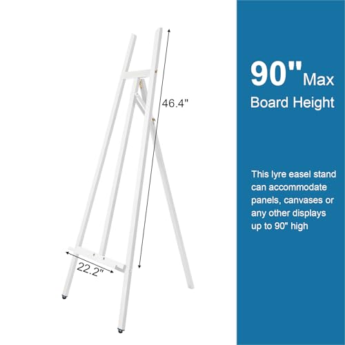 A-Frame Wooden Display Easel, Lyre Beechwood Studio Easel Stand, White | Adjustable Holding Canvas Up to 90", Inclinable Artist Floor Painting Easel for Artwork Painting - color: White