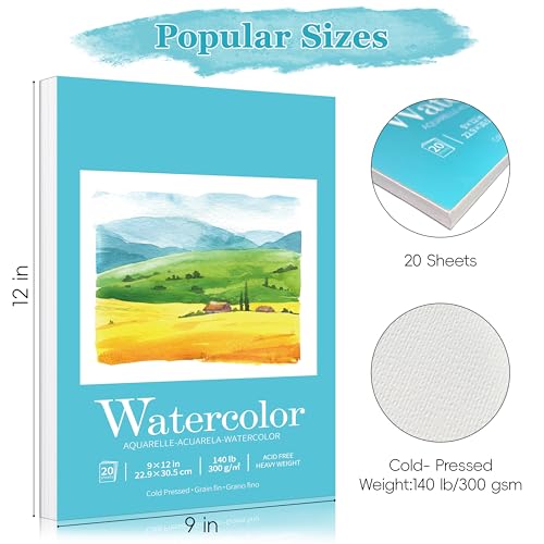 Sadoup Watercolor Paper Pad, 9x12 Inch, 140lb/300gsm Cold Press, 20 Sheets | Premium textured surface, acid free & PH neutral, easy sheet removal, ideal for painting, sketching and mixed media creations - size: 9*12inch