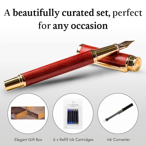 Ellington Pens Luxury Wood Fountain Pen Set –Medium Nib - Includes 6 Ink Cartridges, Wooden Pen Gift Box, Ink Converter - Wood Pen For Writing, Calligraphy, Journaling, Drawing (Rosewood Radiance) - color: Rosewood Radiance, style: Medium