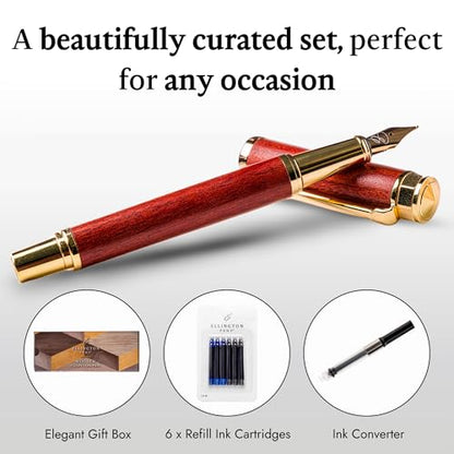Ellington Pens Luxury Wood Fountain Pen Set –Medium Nib - Includes 6 Ink Cartridges, Wooden Pen Gift Box, Ink Converter - Wood Pen For Writing, Calligraphy, Journaling, Drawing (Rosewood Radiance) - color: Rosewood Radiance, style: Medium