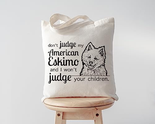 Pet Studio Art Don't Judge My Dog Tote Bag - color: American Eskimo