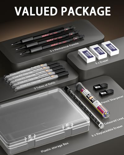 Nicpro 2mm Metal Mechanical Pencils Set with Case, 3 Pack Black | 69 Lead Refills (4B 2B HB 2H 4H Color), Eraser, Weatherproof Metal Barrel, Heavy Duty Carpenter Pencil For Writing Drawing - size: 3 Pack