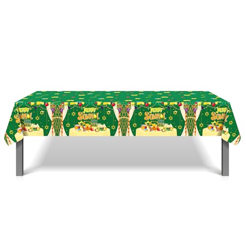 1Pc Happy Sukkot Party Plastic Tablecloth 54 x 87 Inch Long Table Cover, Jewish Fiesta Party Tablecover for Sukkah Let's Rejoice Kids Baby Shower Birthday Dinner Picnic Kitchen Event - color: Happy Sukkot