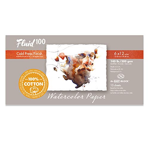 Fluid 100 Watercolor Paper Block, 6 x 12 inches, 15 Sheets, 140 lb (300 GSM) 100% Cotton Cold Press Pad for Artist Painting and Wet Media - size: 6 x 12 (140 lb)