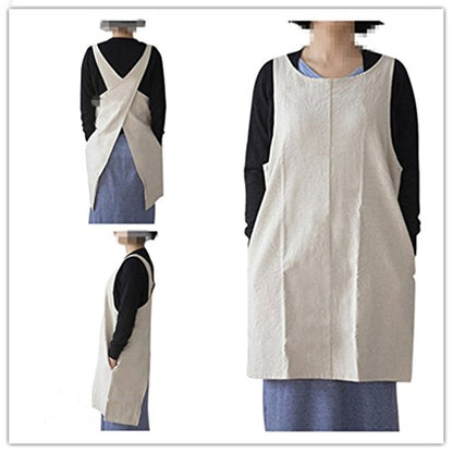 Cotton Linen Japanese Apron Halter Cross Back Bandage X Shape Aprons Two Pockets - color: Beige