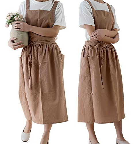 VLZUFE Women Cotton Linen Cross Back Apron with Pockets for Gardening Works Pinafore Dress - color: Brown