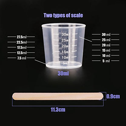WXJ13 50 Pack 30ml Plastic Reusable Graduated Cups Transparent Scale Cups with 50 Pack Wooden Stirring Sticks for Mixing Paint, Stain, Epoxy, Resin