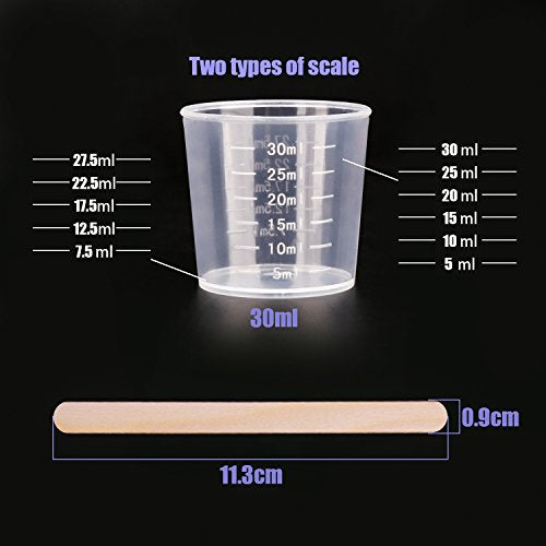 WXJ13 50 Pack 30ml Plastic Reusable Graduated Cups Transparent Scale Cups with 50 Pack Wooden Stirring Sticks for Mixing Paint, Stain, Epoxy, Resin
