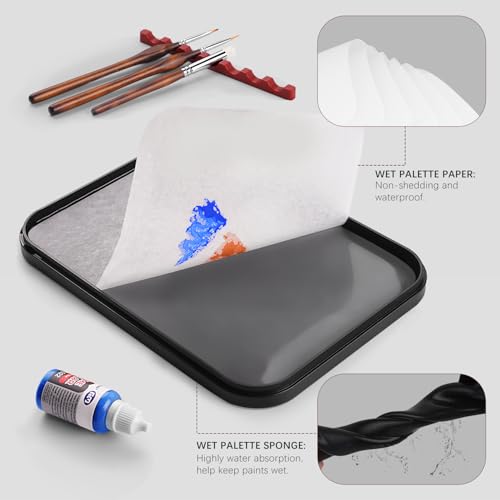 Wet Pallet for Painting Miniatures - Golden Maple 2 in 1 Dry and Wet Palette with Lid, Including 11 Miniature Paint Brushes,100PCS Palette Paper, 4PCS Sponges, Paint Brushes Holders - color: Red+black
