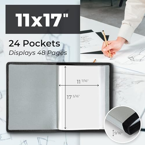 Dunwell 11x17 Art Portfolio Binder, 24-Sleeve, Black Mounting Paper, Silver | 24 Clear Sleeves, Displays 48 Pages, Black Mounting Paper Included, Artwork Storage, Acid-Free Poly Protection - color: Silver, size: 11x17" w/ BLK Paper