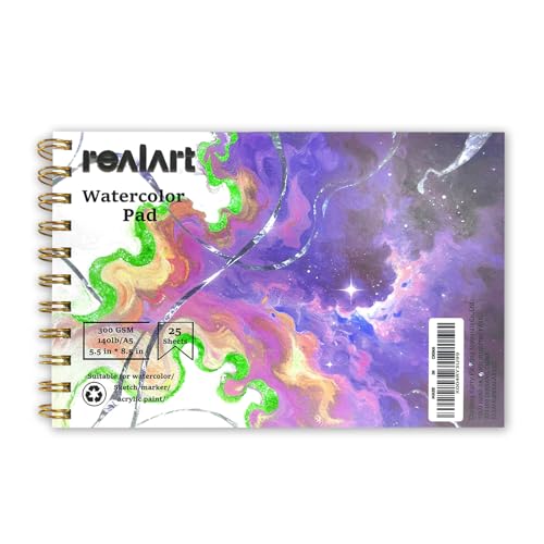 REALART Watercolor Paper Pad, Double-Sided A4 and A5, 140lb/300gsm, 25 Sheets Thickened Painting Book (A5) - color: A5