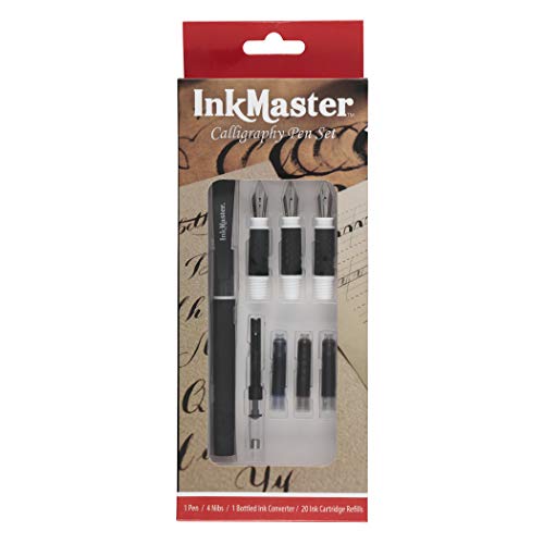 Ink Master Calligraphy Set Fountain Pens 4 Different Size Nibs and 20 Assorted Ink Cartridges Plus One Bottled Converter - Complete Easy Learning Kit for Beginners