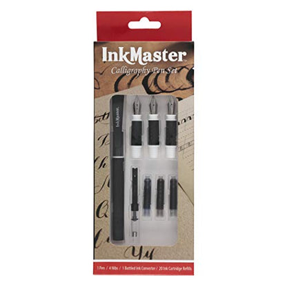 Ink Master Calligraphy Set Fountain Pens 4 Different Size Nibs and 20 Assorted Ink Cartridges Plus One Bottled Converter - Complete Easy Learning Kit for Beginners