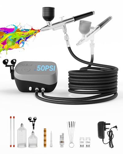 Airbrush Kit with Air Compressor,Dual-Action & Dual-Airflow 50 PSI High Pressure Air Brush with 0.2/0.3/0.5mm Nozzles & Cleaning Sets, for Painting, Nails, Modeling, Makeup, Cake Decor,