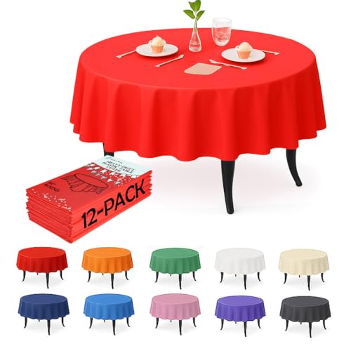 12-Pack Red Plastic Tablecloths – 84 Inch Round Disposable Table Covers, Heavy Duty & Waterproof for Parties, Events, Banquets, Red - color: Red, size: 84" Round