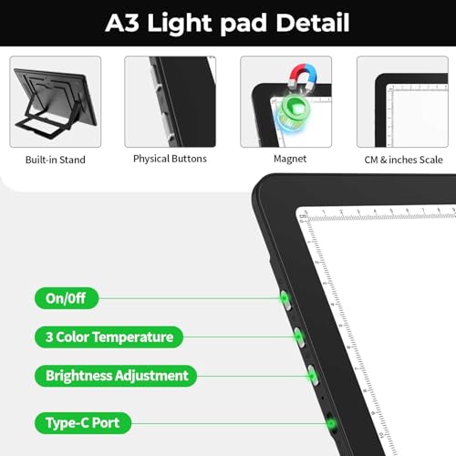 Zocelight Rechargeable A3 Light Board with Built-in Stand & Bag,Super Bright Magnetic Light Box for Tracing,Wireless Light Pad for Diamond Painting,Side Buttons,LED Light Table for Drawing,Sketching - size: A3 with Stand & Bag