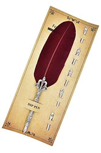 Gullor Calligraphy Feather Quill Pen and 5 Calligraphy Nibs for Beginners Kids Calligraphy Writing Quill Dip Pen Set, WineRed