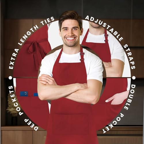 Adjustable Bib Apron 100% Polyester Kitchen Aprons Waterdrop Resistant Aprons with Adjustable Strap, Pockets & Long Ties - color: Red, style: Pack of 2