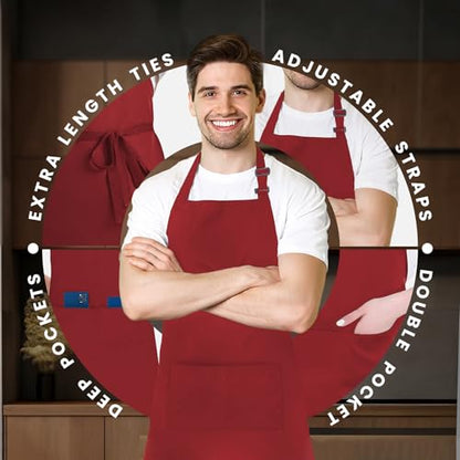 Adjustable Bib Apron 100% Polyester Kitchen Aprons Waterdrop Resistant Aprons with Adjustable Strap, Pockets & Long Ties - color: Red, style: Pack of 2