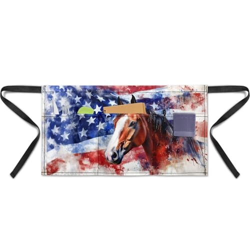 Waist Apron with 3 Pockets Waterproof 13 Inch Short Half Waist Aprons Women Men Server Aprons Waitress Waiter Apron - color: American Flag Horse Print