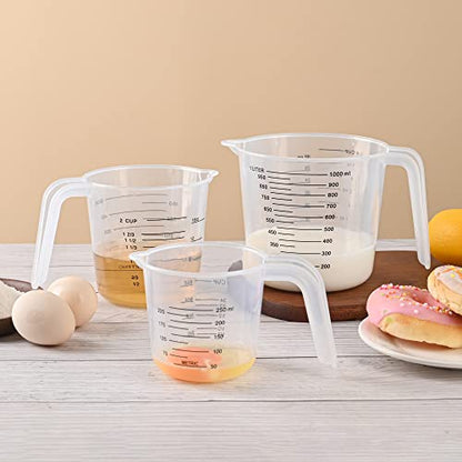 Plastic Measuring Cup,3 Pack 4/2/1 Cup Clear Measuring Cups,Stackable Heat-resistant Cup Set with Handle Grip and Spout for Baking,Powder,Liquid